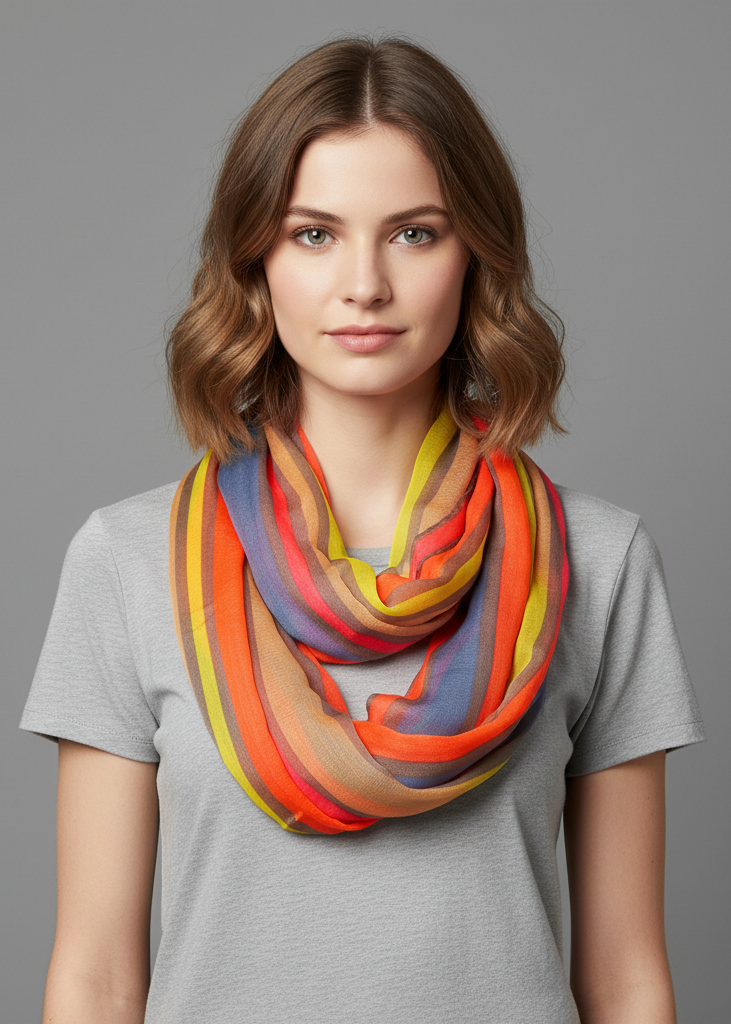 Lightweight neon pink striped infinity loop scarf made of soft fashion fabric for women.