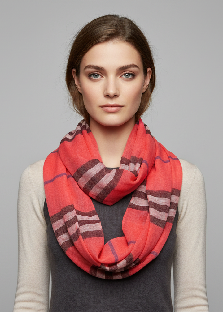 Lightweight striped fashion infinity loop scarf in coral and white soft jersey knit.