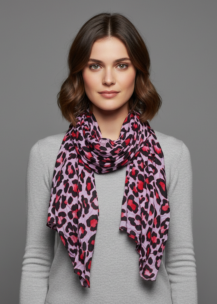 Lightweight fuchsia leopard animal print crinkle scarf wrap for women