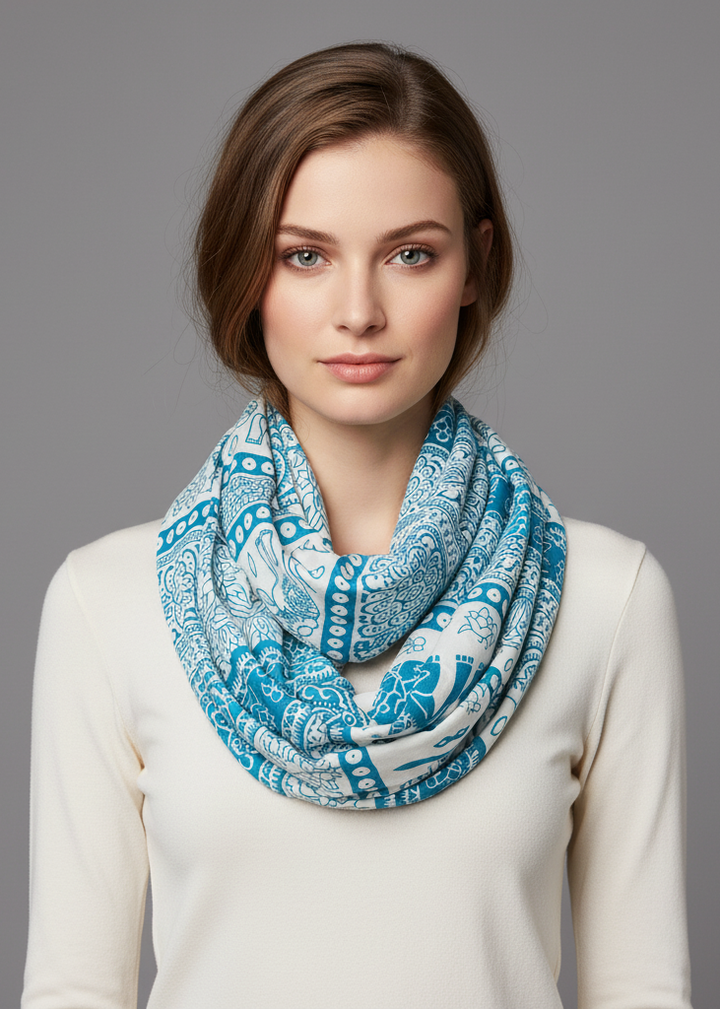 Teal tribal paisley infinity loop scarf with floral and elephant animal print patterns