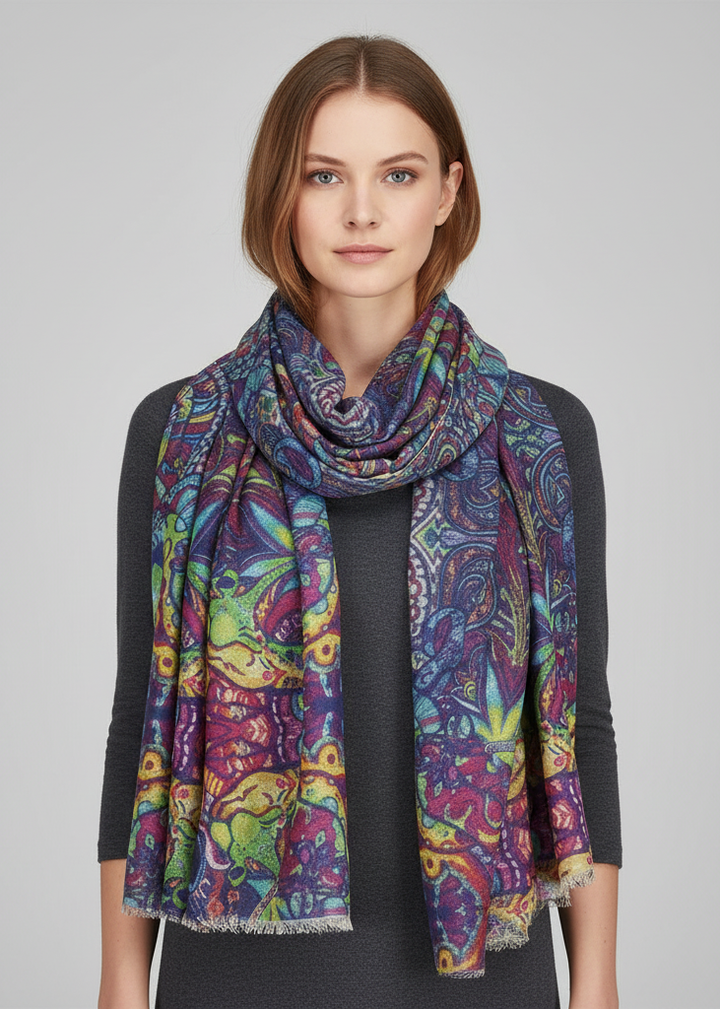 Digital printed rainbow multicolored silky fringe scarf featuring a colorful dragon design.