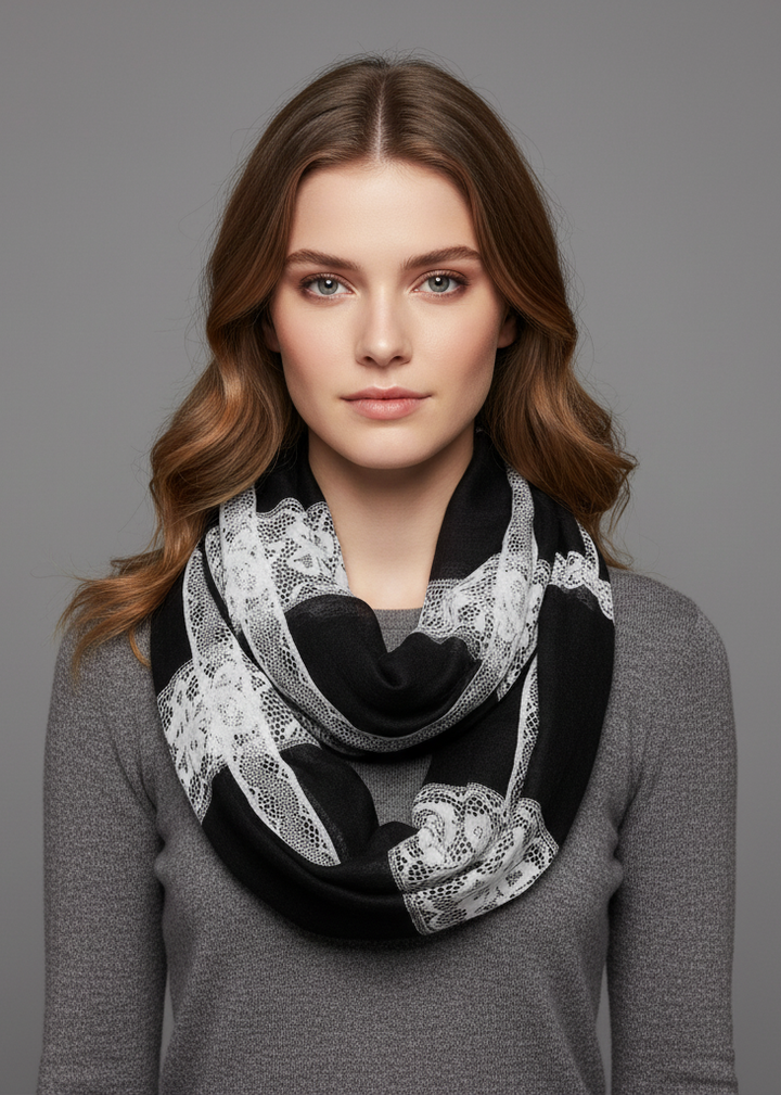 Vintage lace floral print infinity loop scarf for women's fashion and accessorizing.