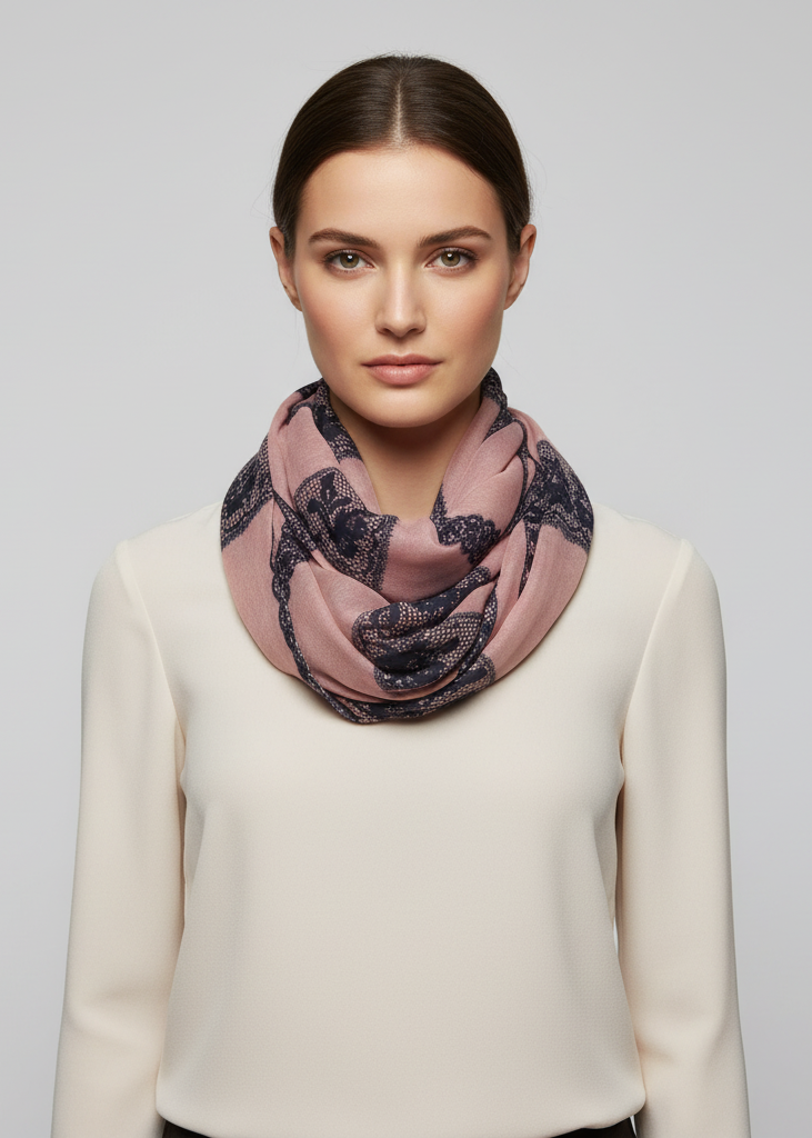 Vintage charming lace floral print infinity loop scarf for women in pink.