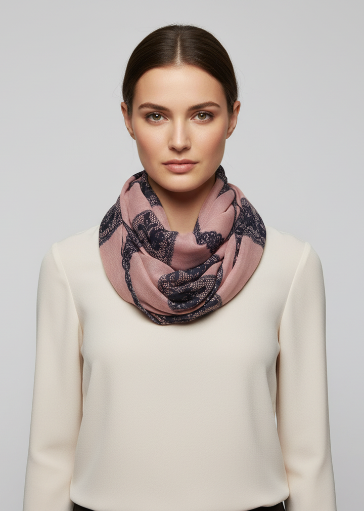 Vintage charming lace floral print infinity loop scarf for women in pink.