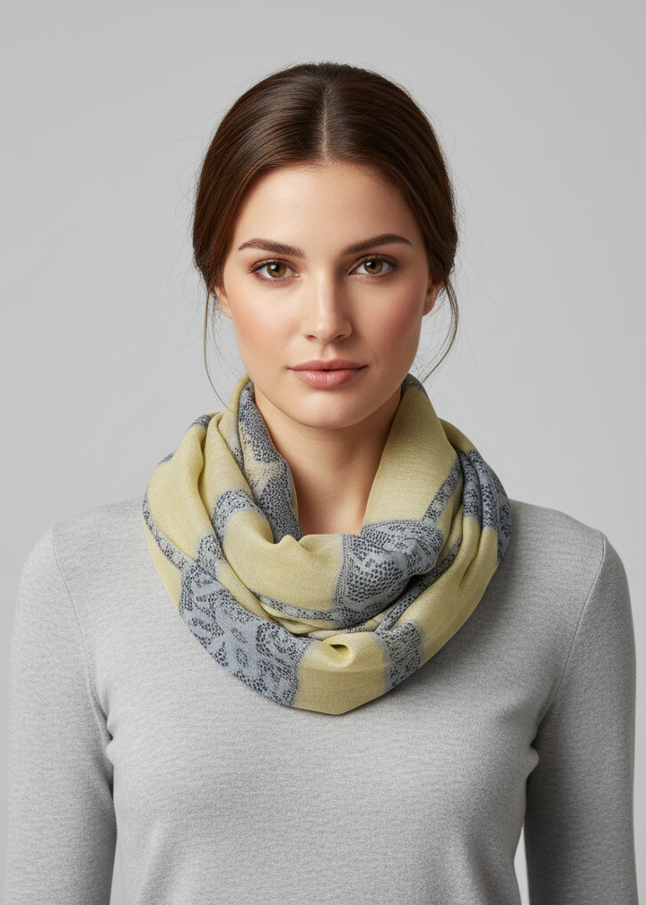 Tan vintage charming lace floral print infinity loop scarf for women.
