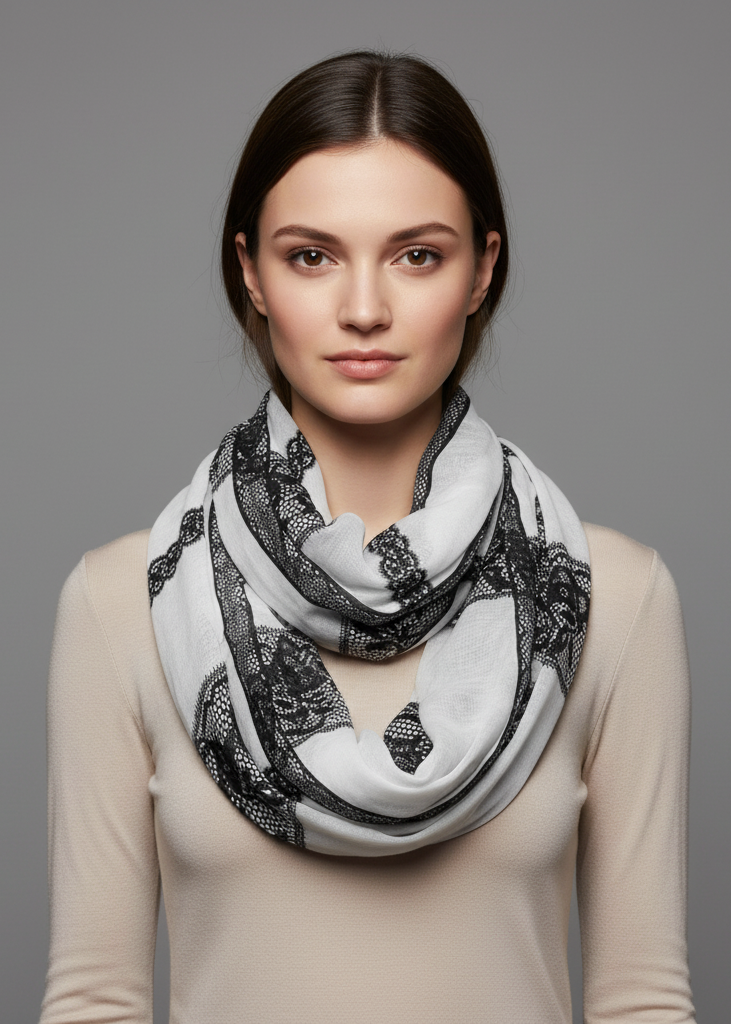 Vintage floral lace infinity loop scarf with a semi-sheer lightweight design for spring and fall fashion.