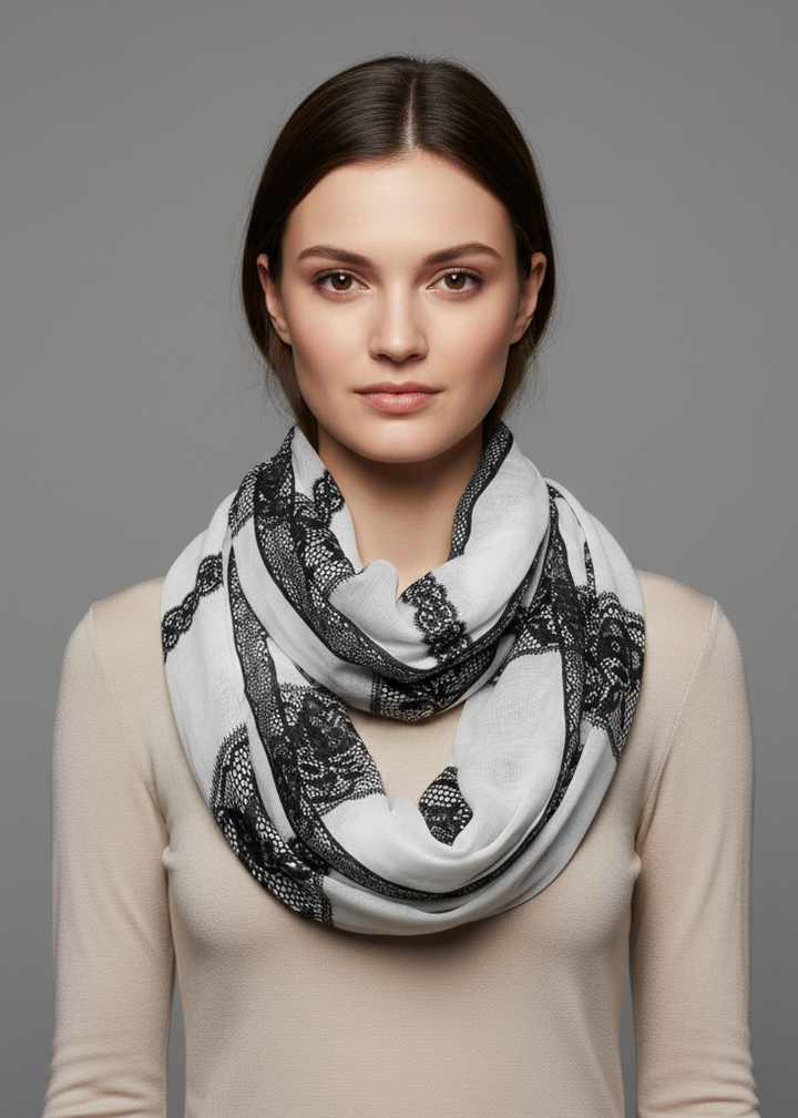 Vintage floral lace infinity loop scarf with a semi-sheer lightweight design for spring and fall fashion.
