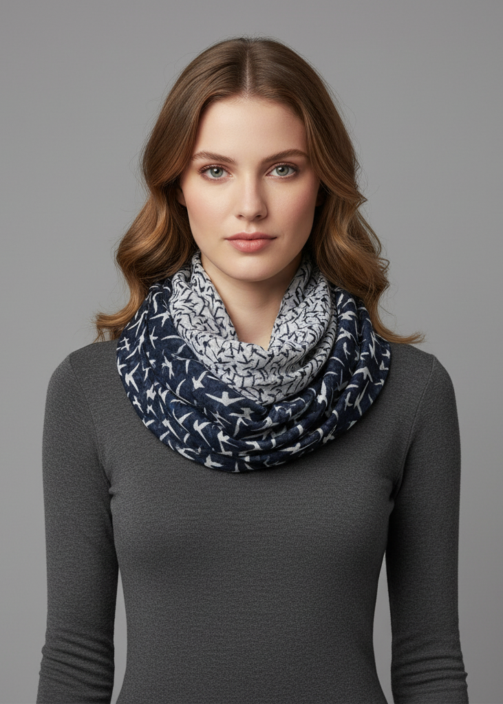 Lightweight navy and white infinity loop scarf featuring a vintage-inspired funky bird print pattern.
