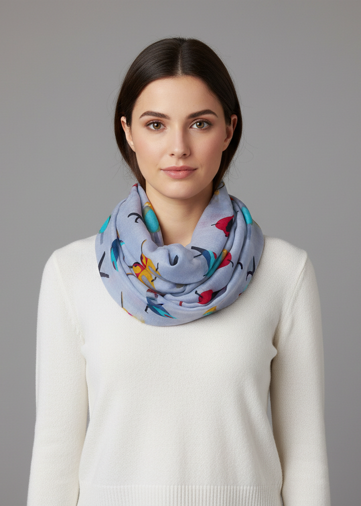Vintage finch bird all-over print light sheer infinity loop scarf in grey