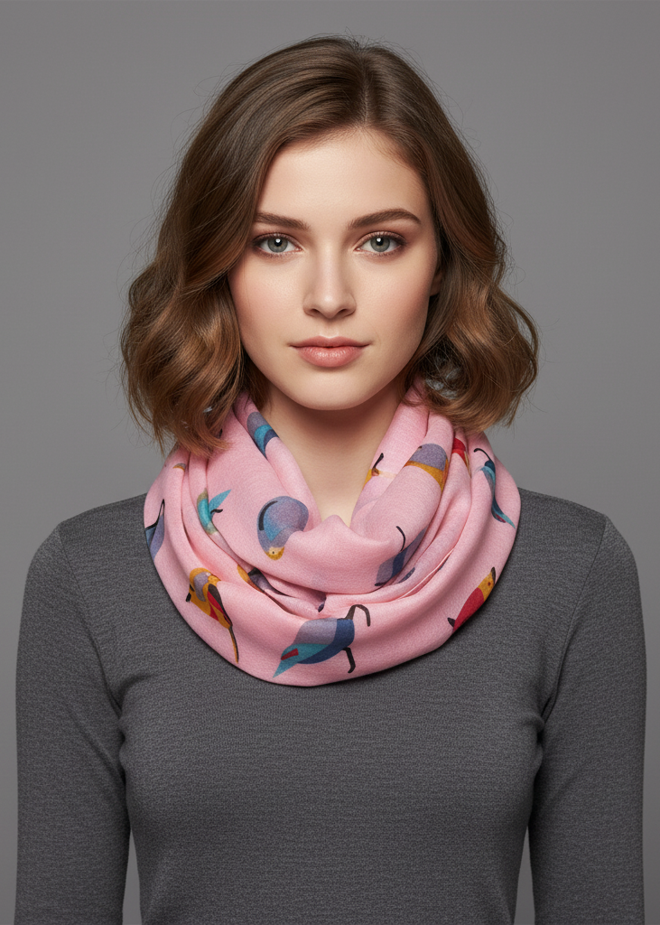Vintage bird print sheer infinity loop scarf in peach for women