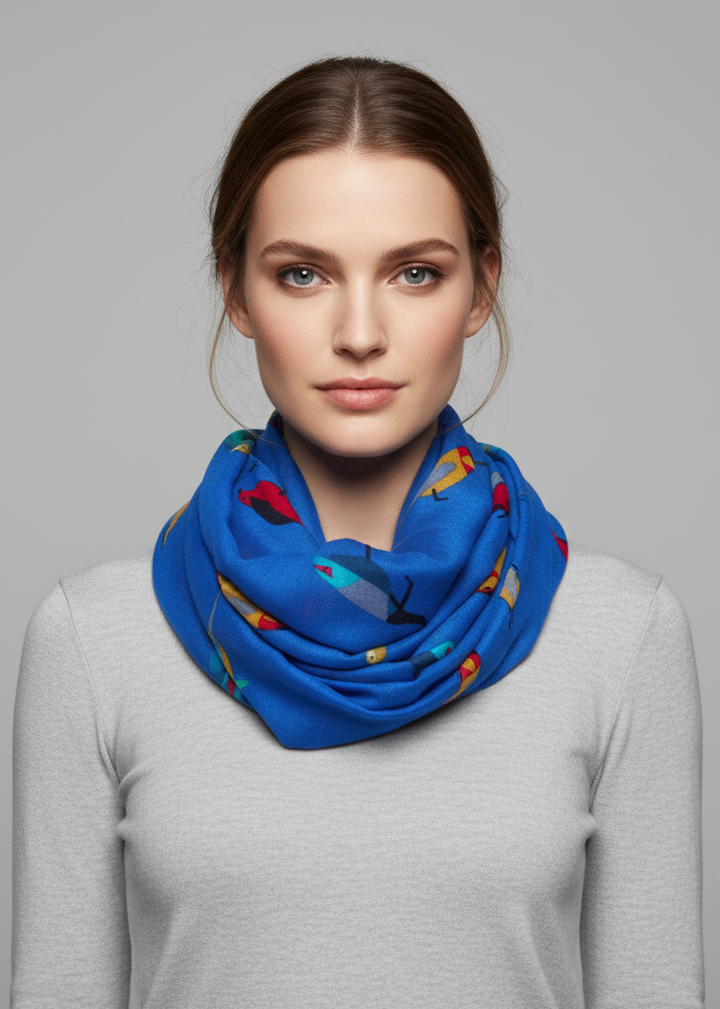 Vintage finch bird all-over print lightweight sheer infinity loop scarf in royal blue for women