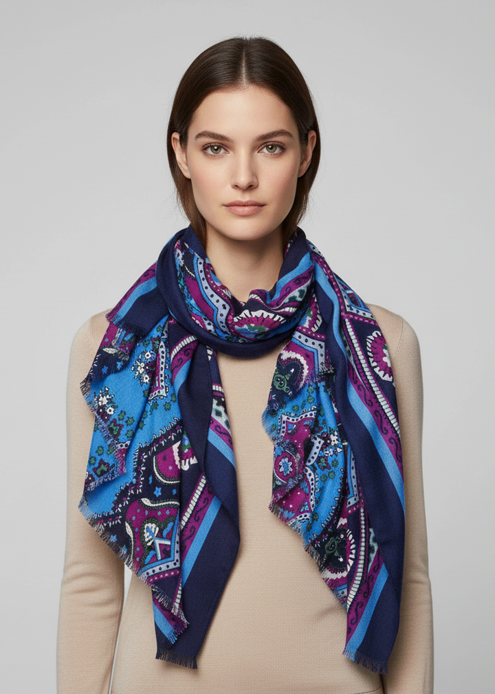 Light blue, magenta, and navy long scarf shawl featuring an elegant floral paisley damask pattern with soft eyelet fringe edges.