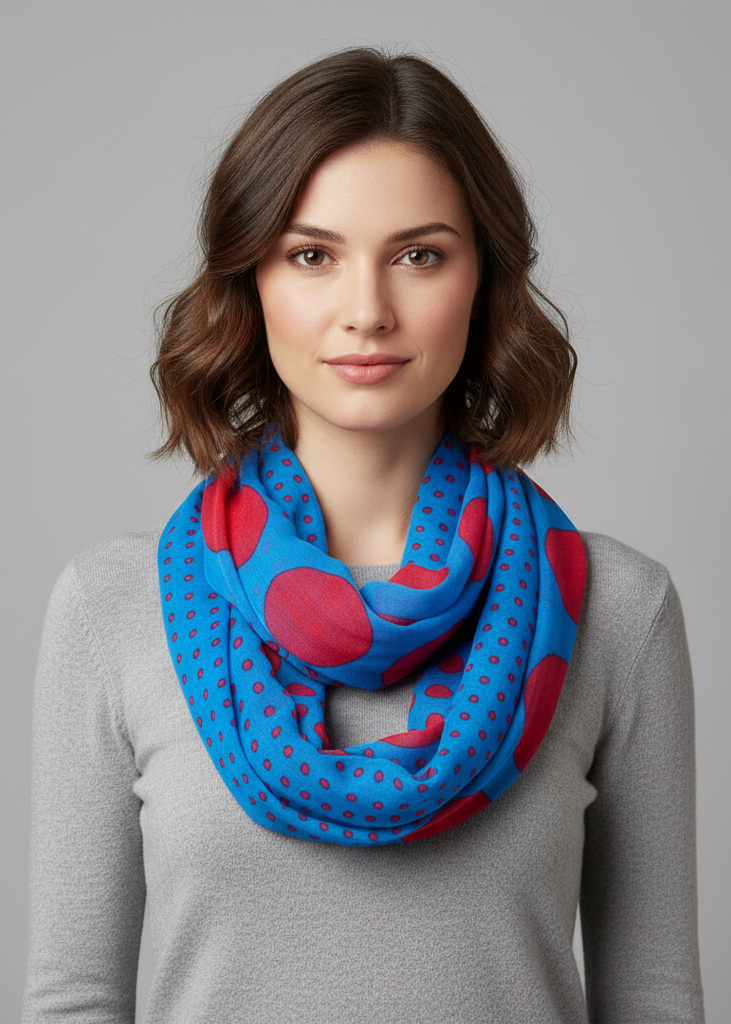 Vibrant blue and red multicolored classic bright polka dot infinity loop scarf for women.