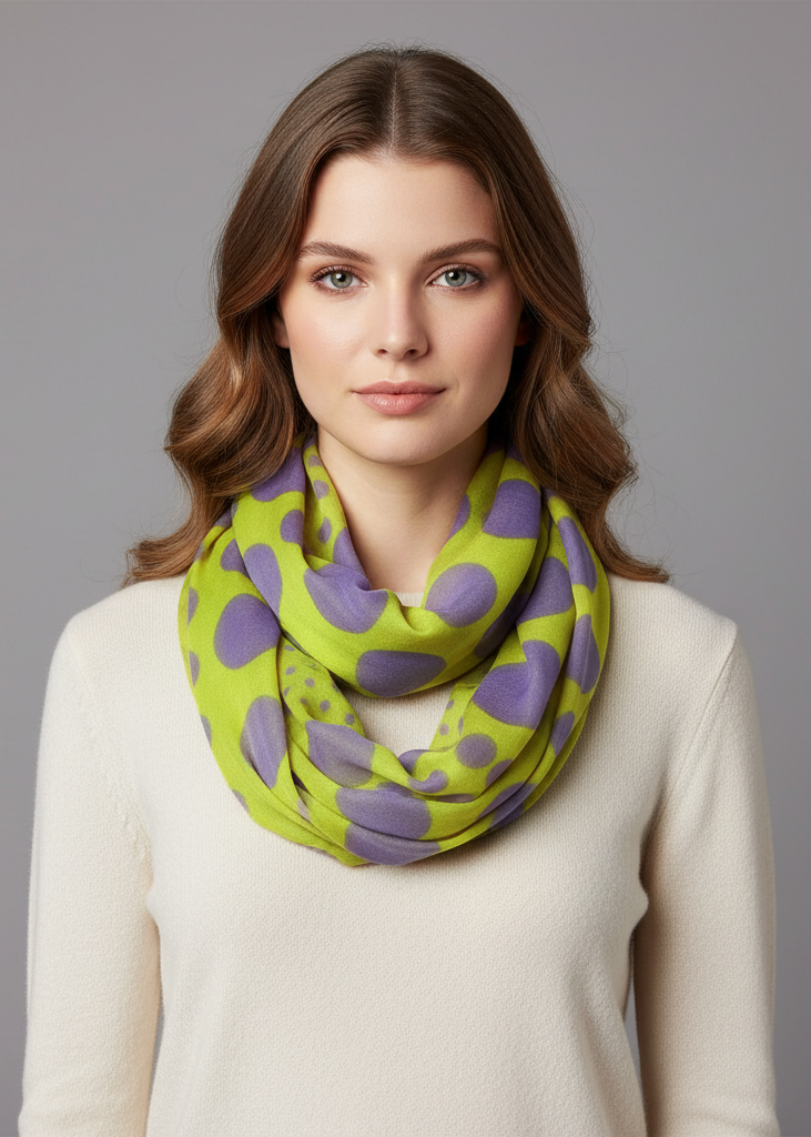Vibrant vintage multicolored classic bright polka dot infinity loop scarf in lime and purple.