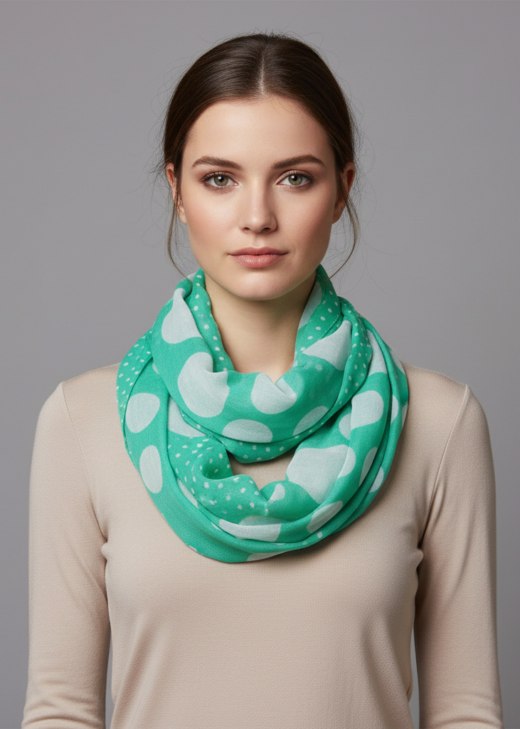 Vintage multicolored polka dot infinity loop scarf in mint green for women.