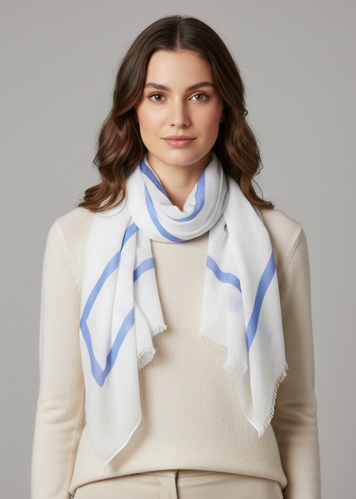 Vintage soft cotton blend block stripe shawl wrap scarf in blue.
