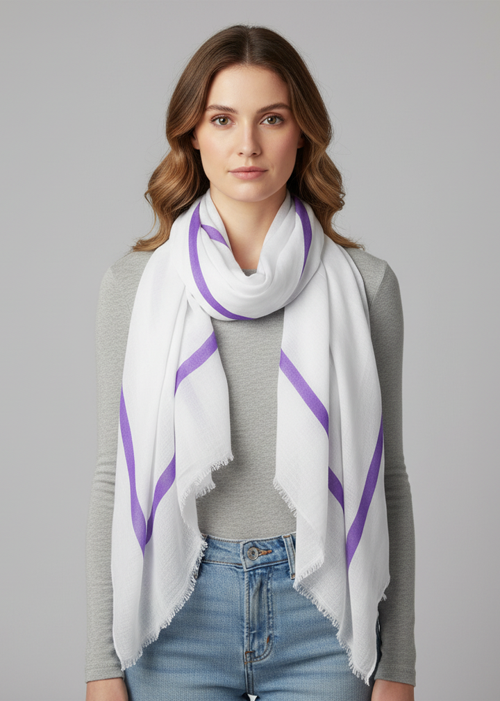 Vintage soft cotton blend block stripe shawl wrap scarf in lavender.