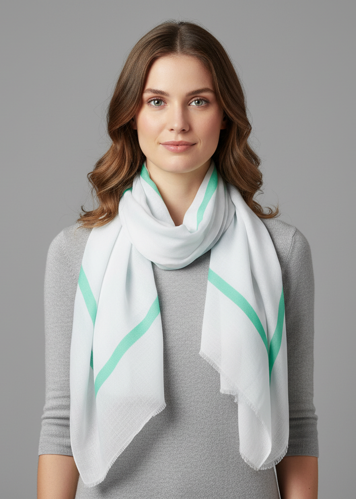 Vintage soft cotton blend shawl wrap scarf with a block stripe pattern in mint green.