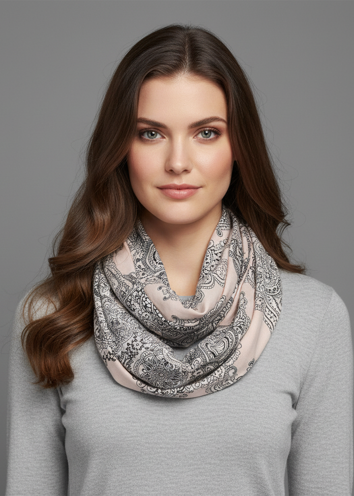 Light pink vintage bohemian infinity loop scarf with a henna-inspired floral print for women.