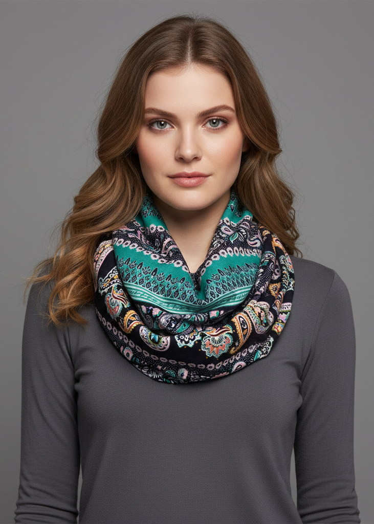 Vibrant teal and blue vintage bohemian paisley infinity loop scarf for women.