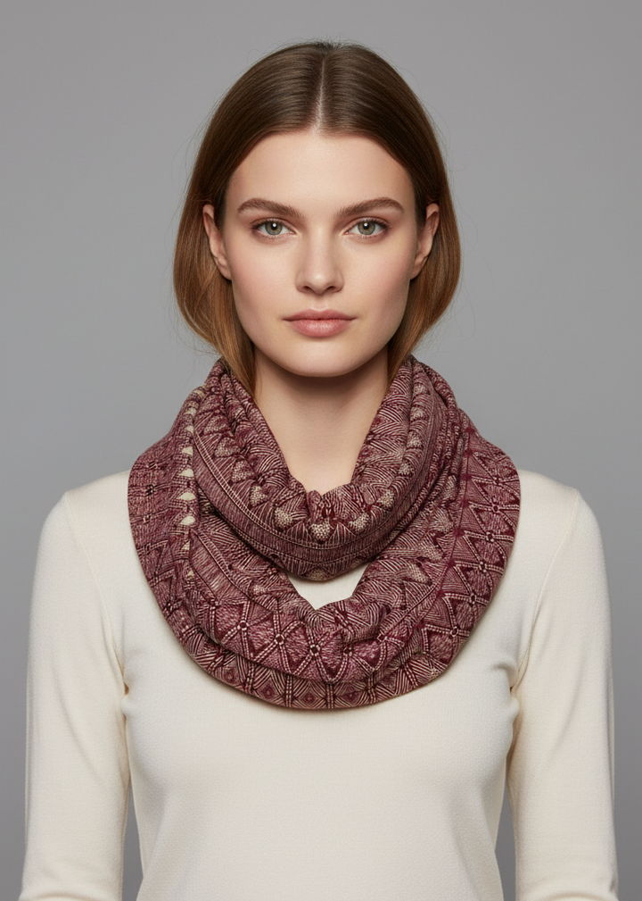 Vintage bohemian tribal maroon infinity loop scarf for women featuring a geometric design.