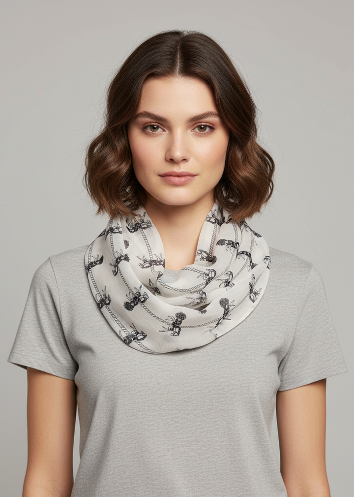 Vintage women's infinity loop scarf with animal print mustang and white horse pattern