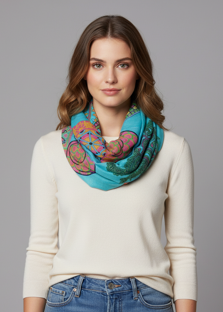 Vivid and lively lightweight paisley damask infinity loop scarf in aqua.
