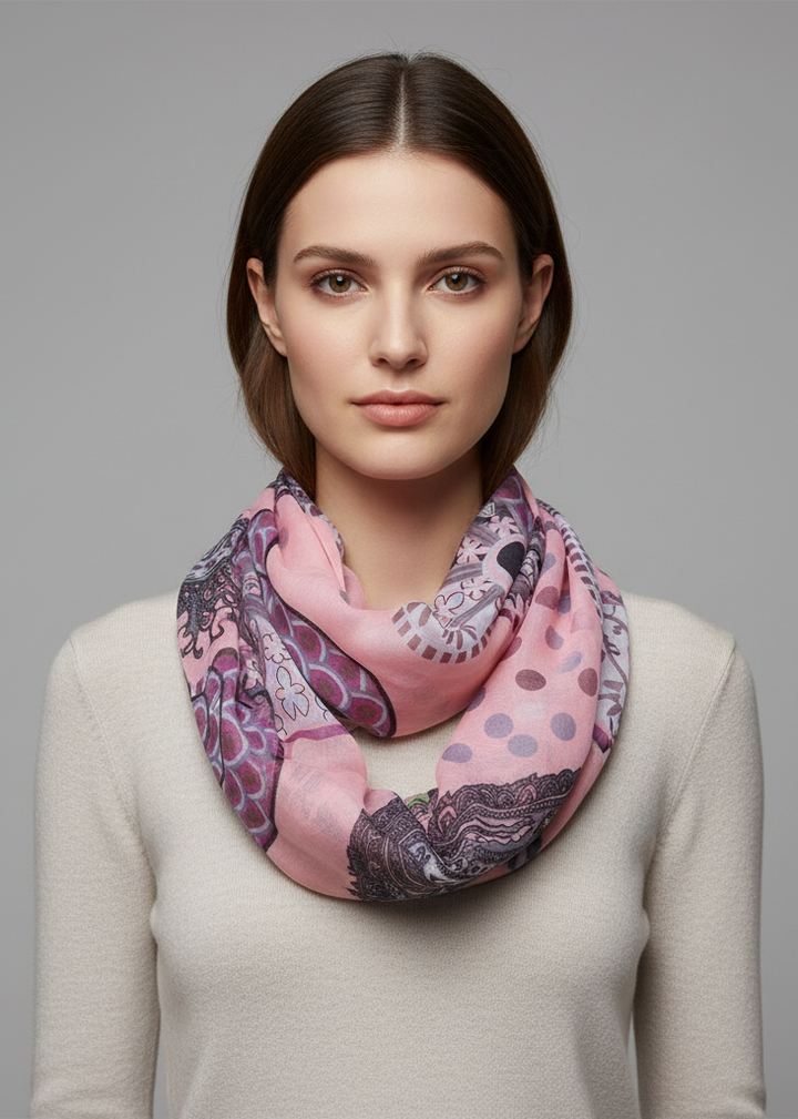 Pink paisley damask infinity loop scarf in lightweight fabric for women.