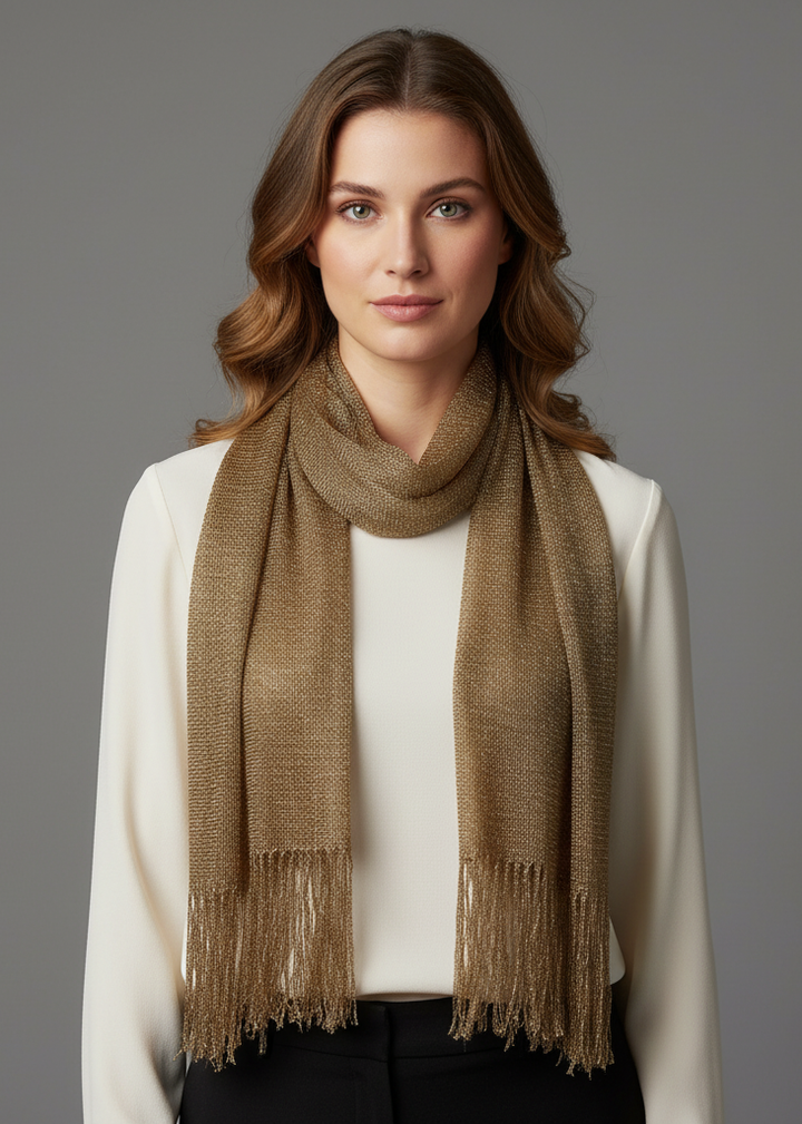 Reversible metallic paisley pashmina shawl with intricate patterns and fringe trim