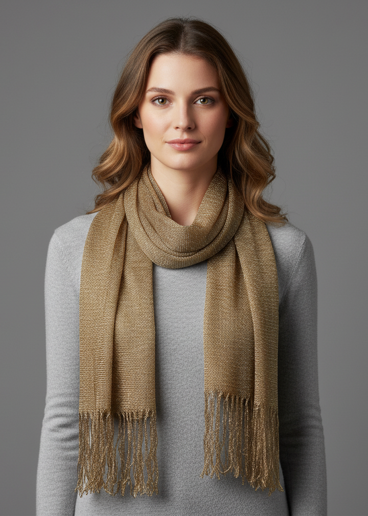 Reversible pashmina shawl with an intricate metallic paisley pattern and fringed edges