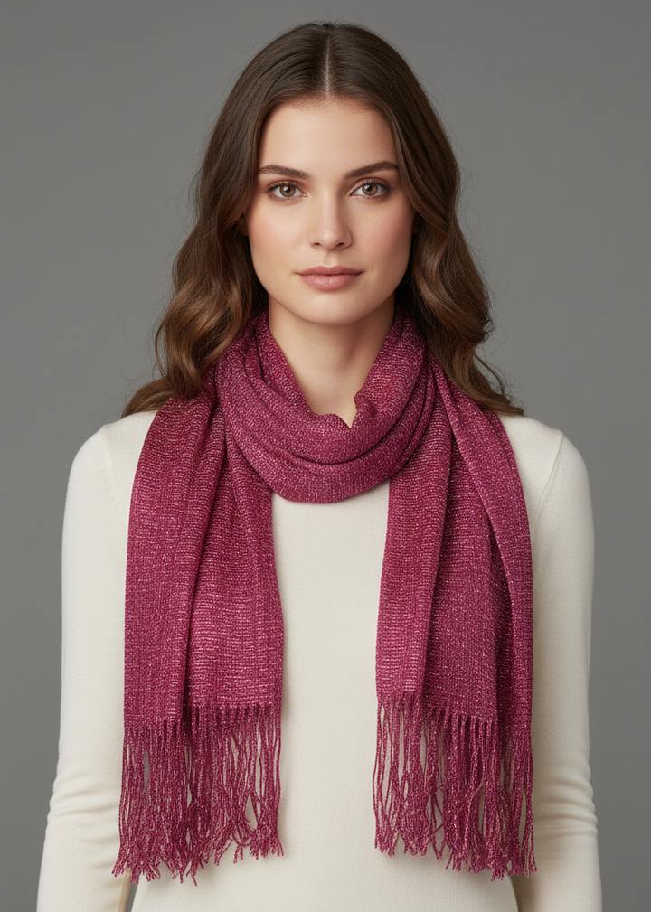 Sheer metallic shimmer mesh scarf with glitter accents and a fine weave texture draped over a white background