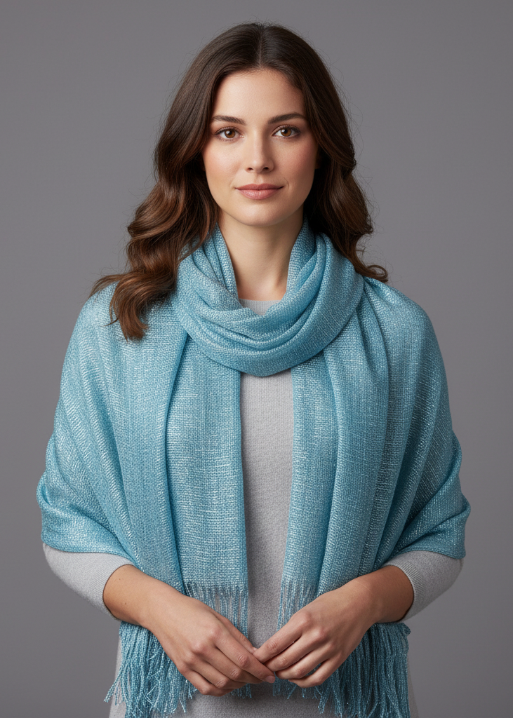 Reversible metallic pashmina shawl featuring an intricate paisley pattern and fringed edges in various color combinations such as gold, silver, blue, and black.