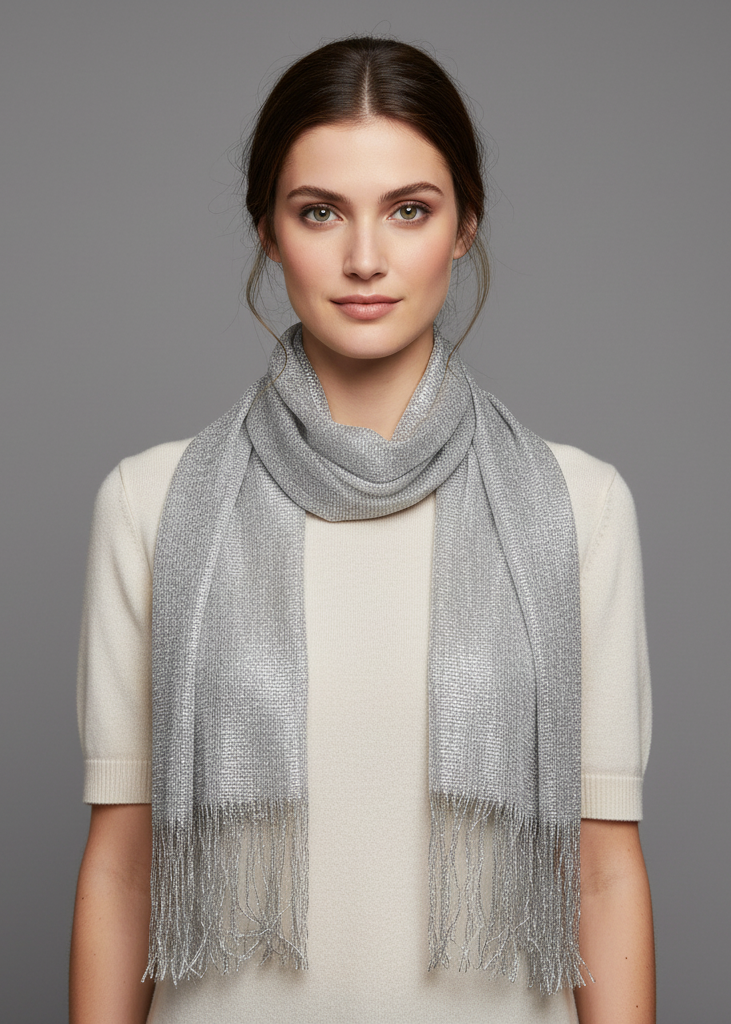 Reversible metallic pashmina shawl featuring an intricate paisley pattern and delicate fringe edges