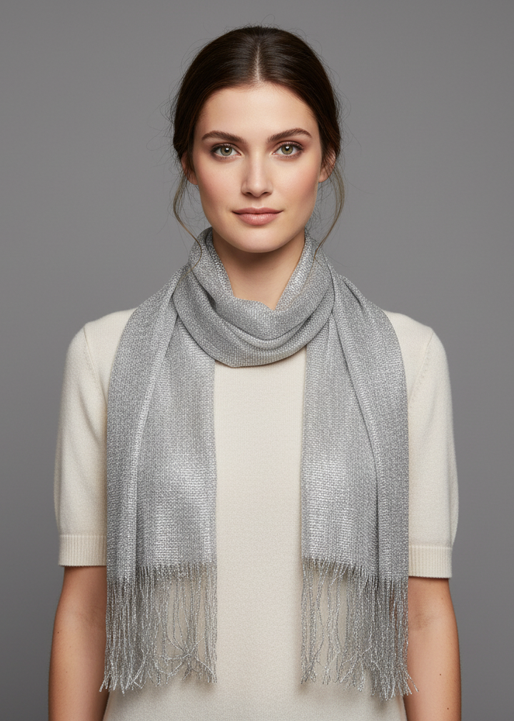 Reversible metallic pashmina shawl featuring an intricate paisley pattern and delicate fringe edges