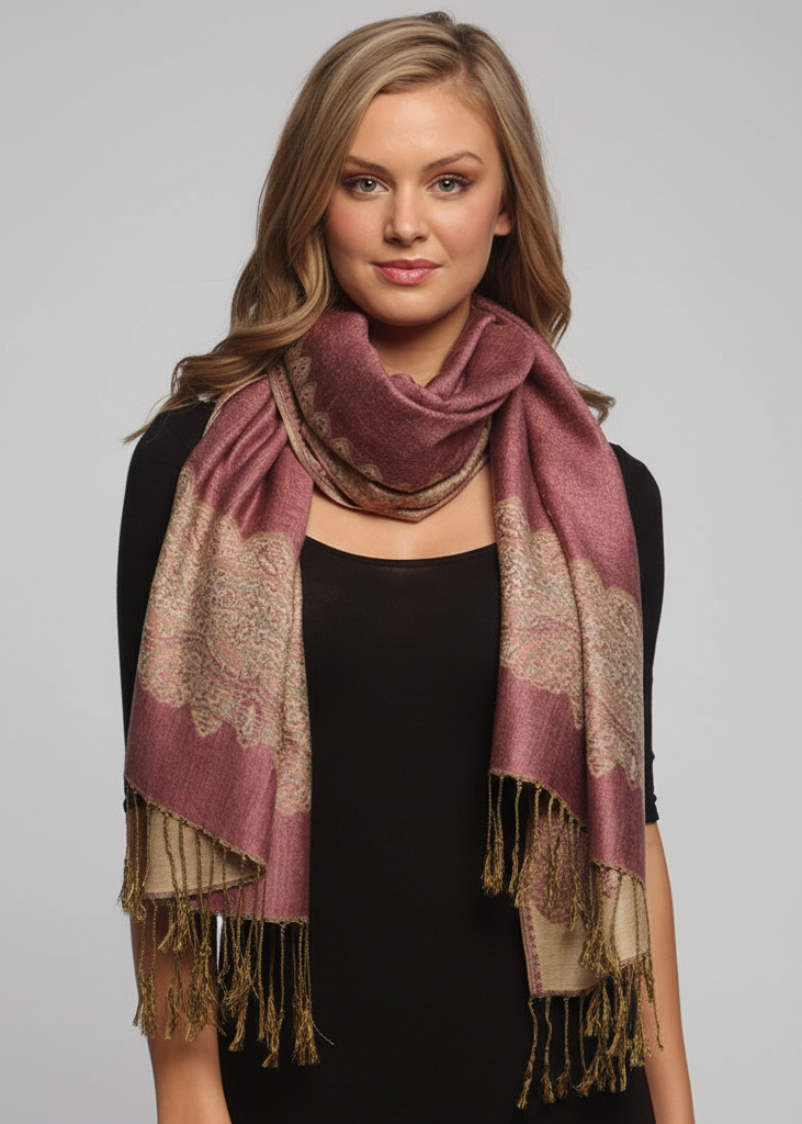 Elegant reversible jacquard paisley shawl wrap in baby pink and light gold.