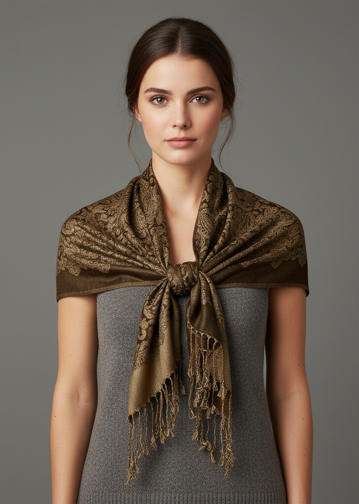 Ravishing reversible jacquard paisley shawl wrap pashmina in chocolate and tan.