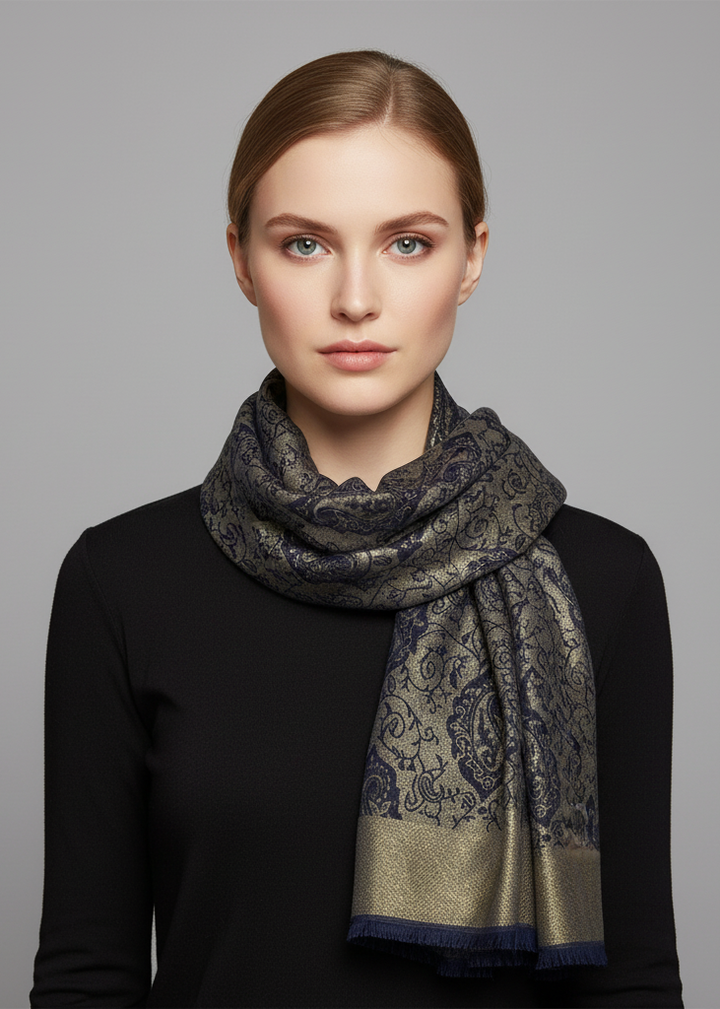 Elegant navy blue reversible jacquard paisley shawl wrap pashmina with a damask pattern.