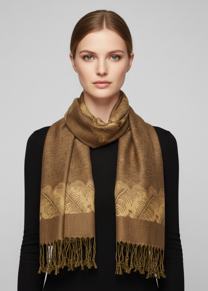 Ravishing reversible jacquard paisley shawl wrap pashmina in khaki and gold.