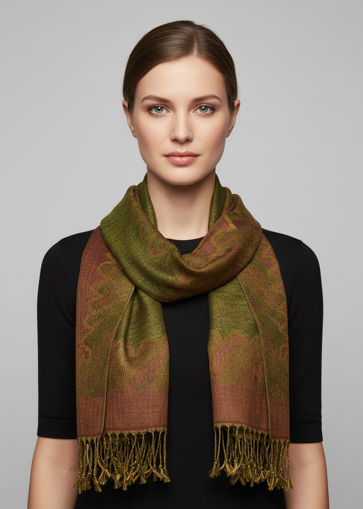Elegant reversible jacquard paisley pashmina shawl wrap in army green and rust.