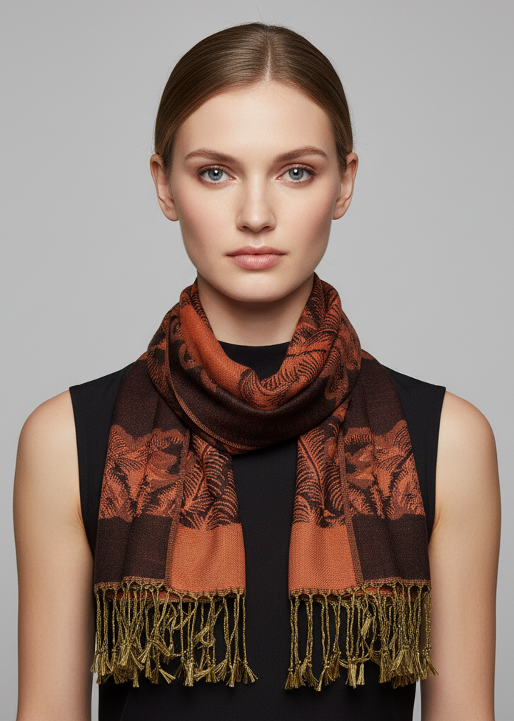 Reversible jacquard paisley shawl wrap pashmina in black and orange.