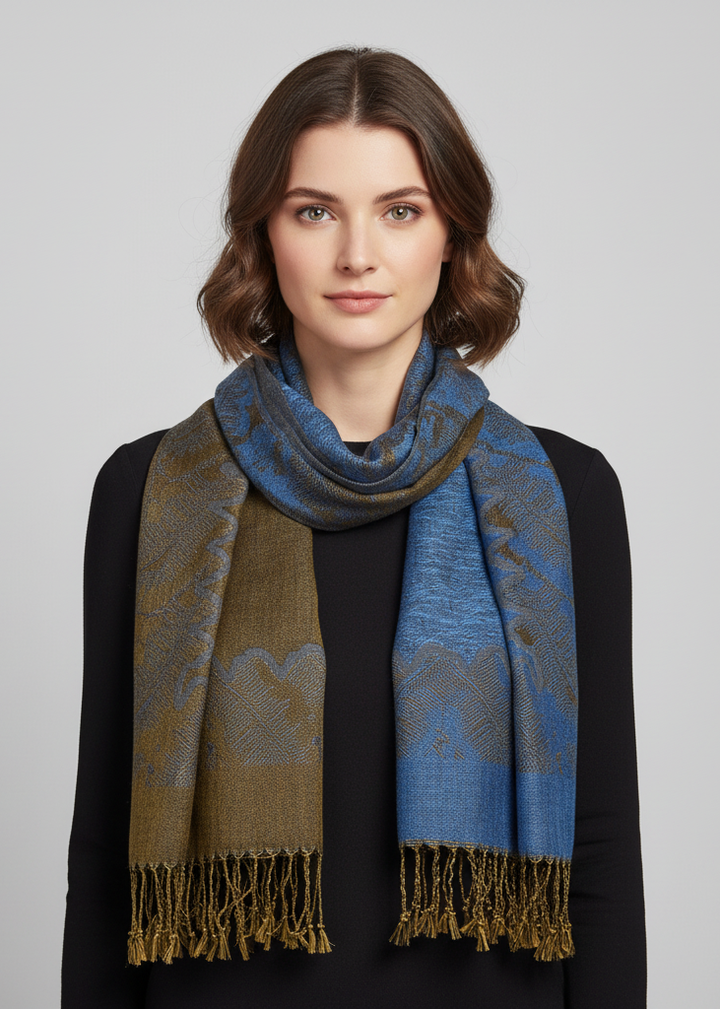 Elegant reversible jacquard pashmina shawl wrap with a ravishing blue and olive paisley pattern and fringed edges.