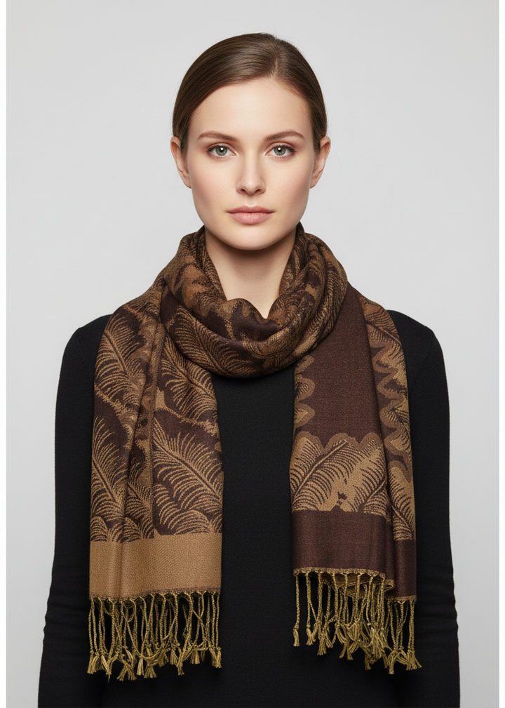 Elegant reversible jacquard paisley shawl wrap pashmina in brown.