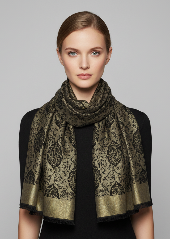 Elegant reversible jacquard pashmina shawl with a ravishing damask black paisley pattern and fringed edges.