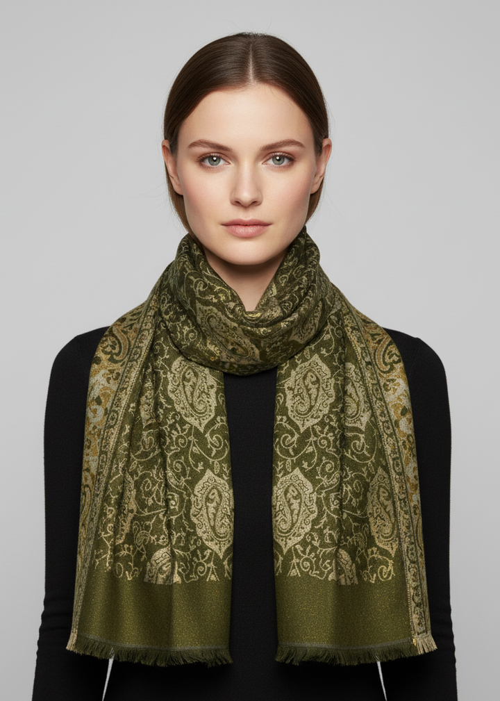 Elegant damask olive reversible jacquard pashmina shawl featuring an intricate paisley pattern and fringed edges.