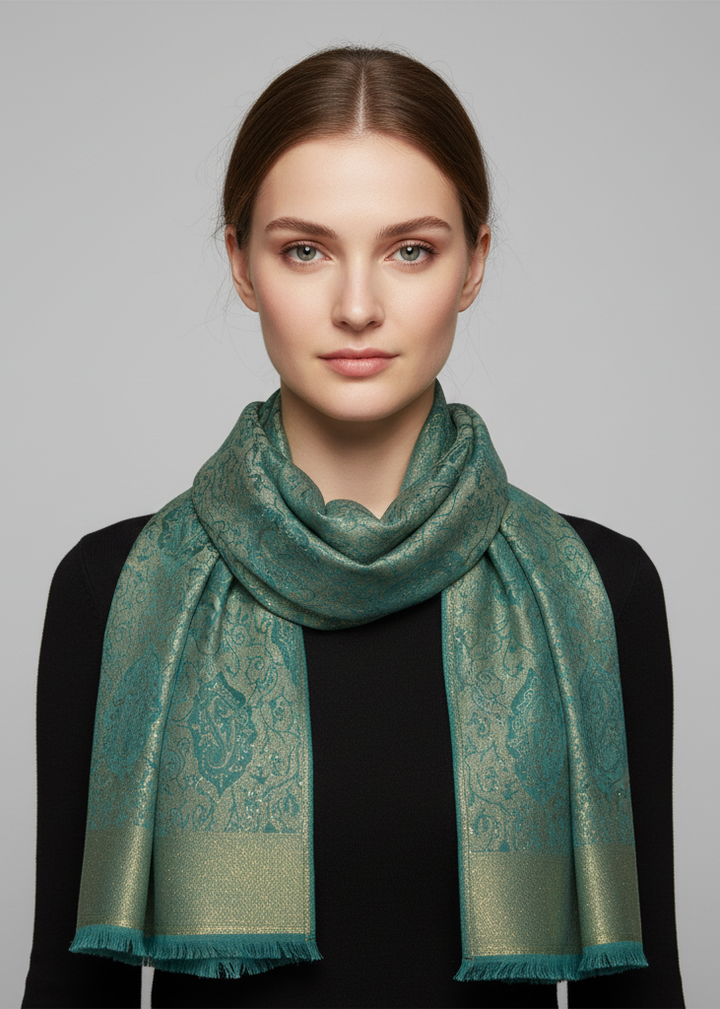 Reversible jacquard paisley shawl wrap pashmina in damask turquoise.