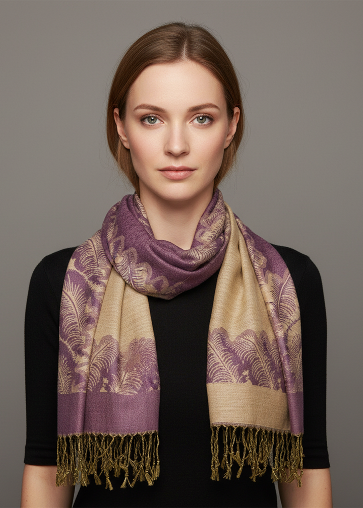 Elegant reversible jacquard paisley shawl wrap pashmina in dust pink and tan.