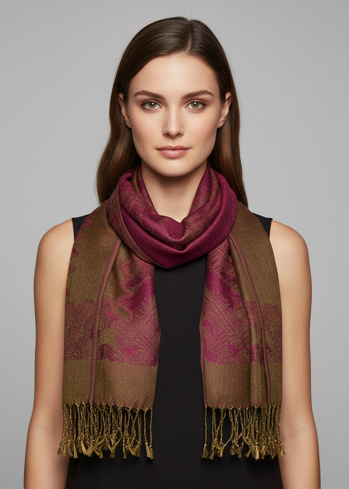 Ravishing reversible jacquard paisley shawl wrap pashmina in fuchsia and tan.