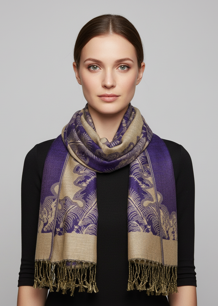 Elegant reversible jacquard paisley shawl wrap pashmina in purple and tan featuring an intricate traditional pattern and fringed edges.