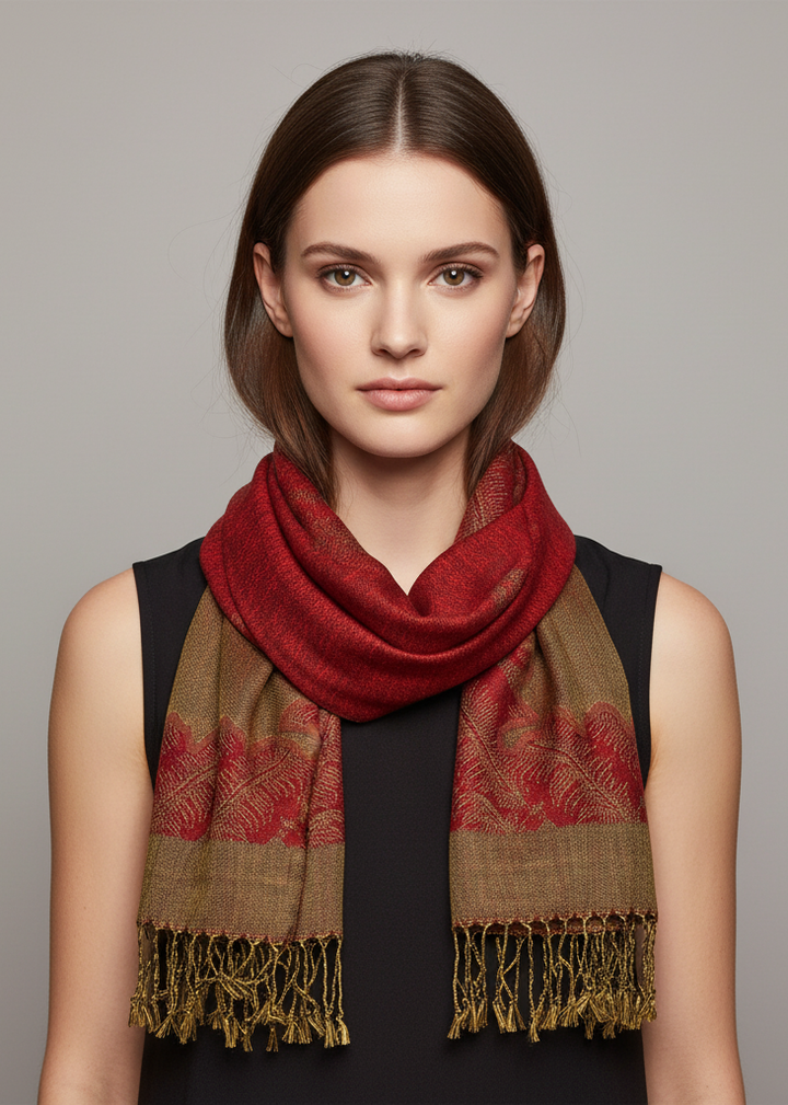 Elegant reversible jacquard paisley shawl wrap pashmina in red and taupe.
