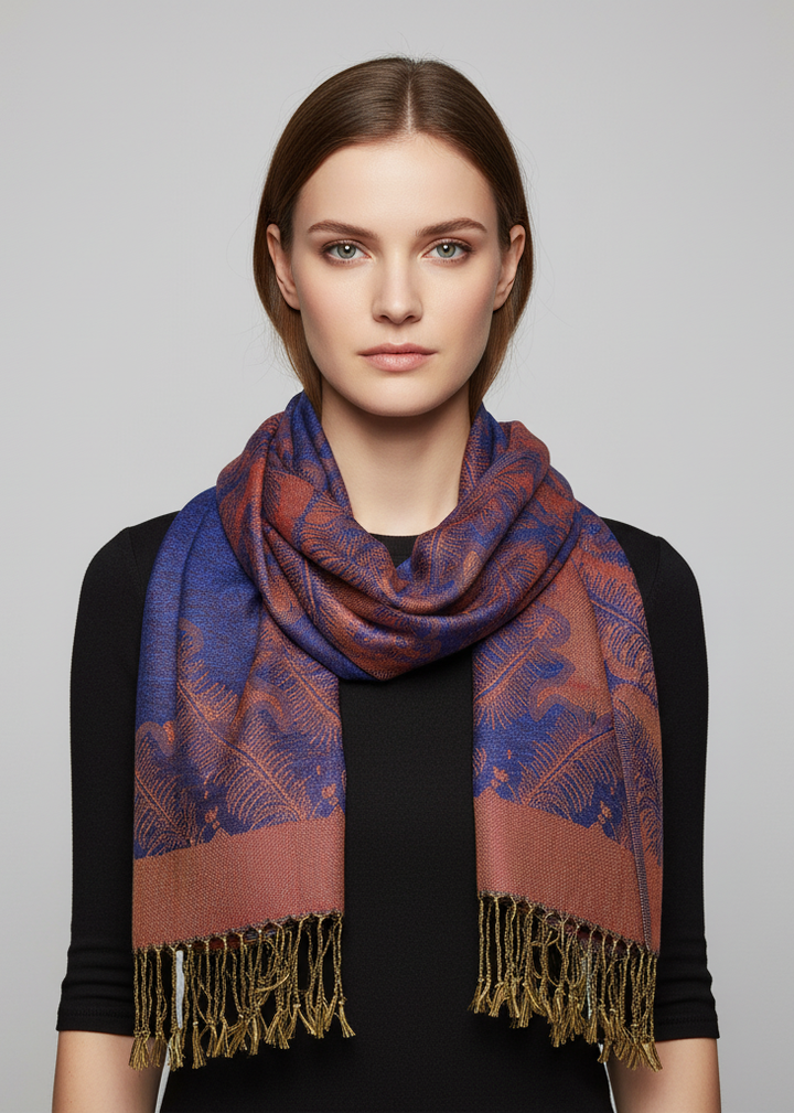 Ravishing reversible jacquard paisley shawl wrap pashmina in royal blue and rust.